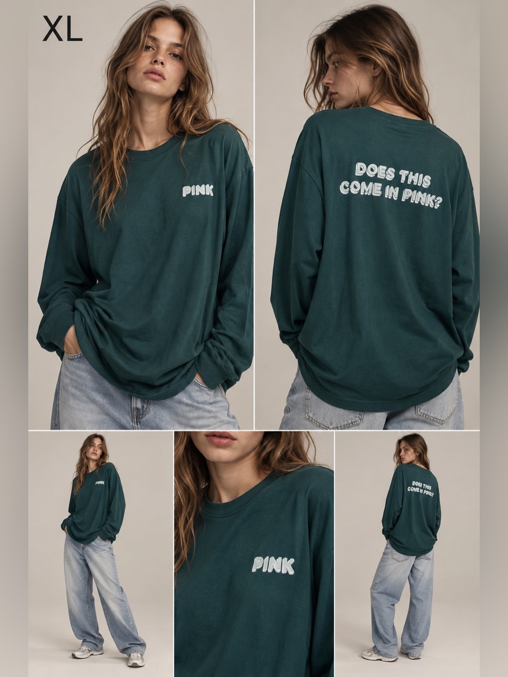 PINK Victoria's Secret Forest Green Long-Sleeve Crewneck Tee Sz XL NWT